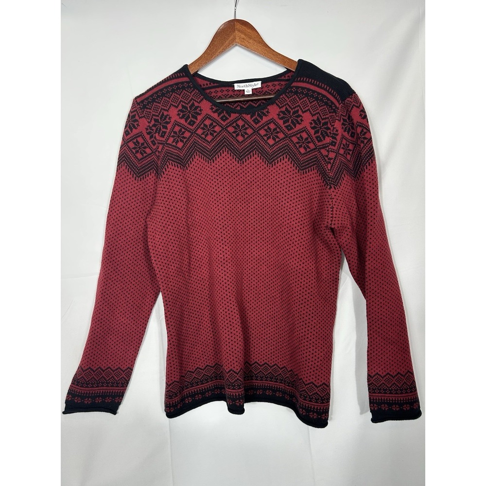 North Style Fair Isle Sweater Red Black Womens Size L Nordic Ski Cotton Pullover